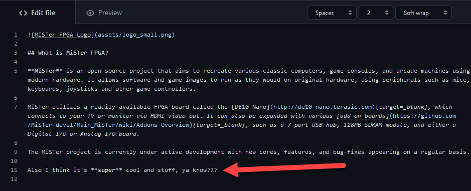 Use the markdown editor on GitHub to make your changes