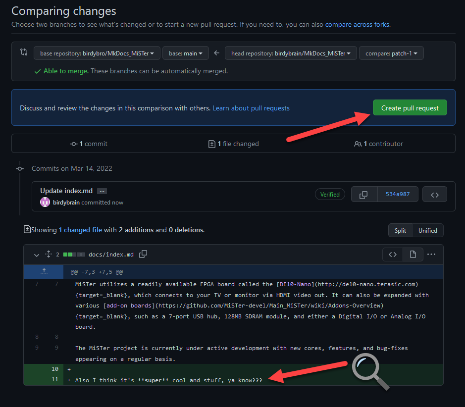 Check your work and click "Create pull request"